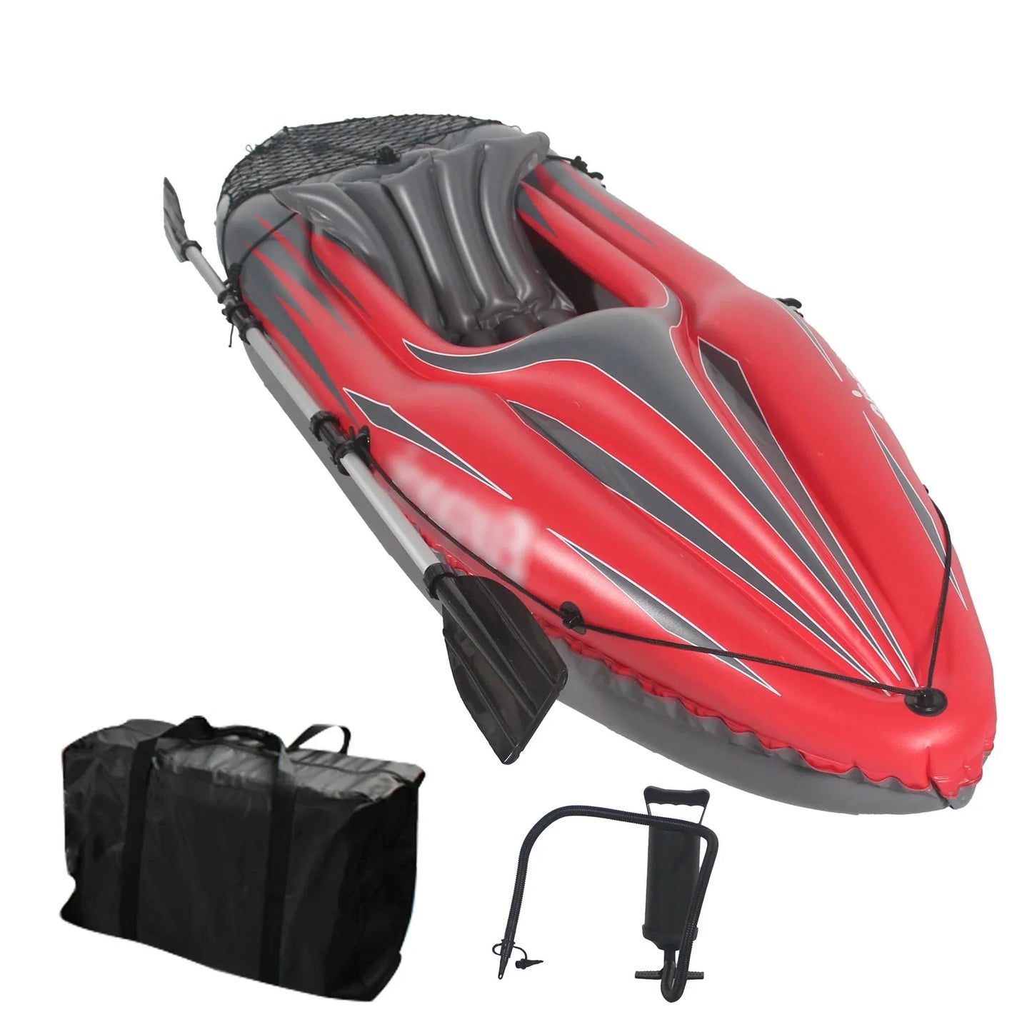 Inflatable Kayak Fishing Boat, 1 Adult Person, Red Canoe, w/ Paddles, Bag, Seats, High-Output Pump,