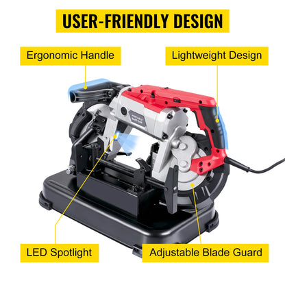 Portable Band Saw, 5 Inch Cutting Capacity, Cordless Variable Speed, 10Amp Motor, Deep Cut for Metal, Wood, Pipes, Rebar