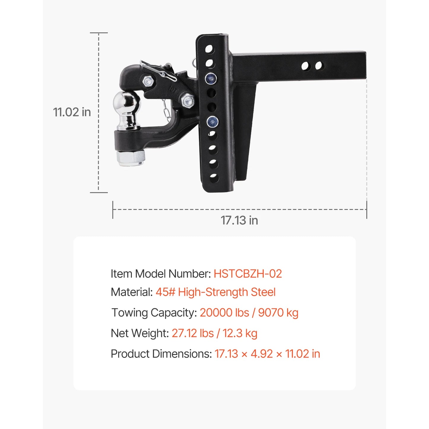 Pintle Hook Hitch 20,000Lbs, Combo 2in & 2-5/16in Ball, Fit 2.5-3in Lunette Ring