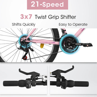 Women's 24 or 26 Inch Mountain Bike, 21 Speed Cycling Bike, V-Brake, High Carbon Steel Frame