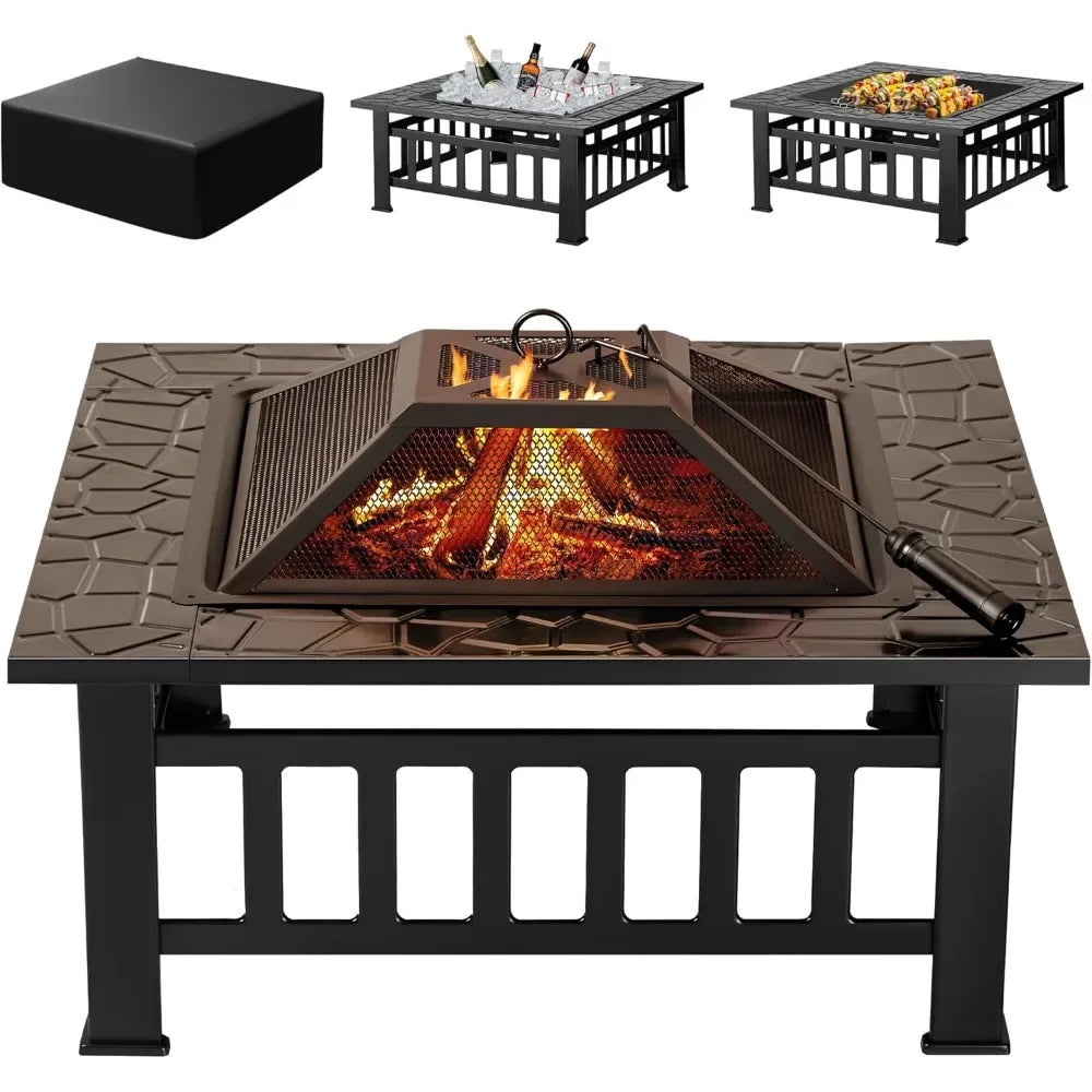 Outdoor Fire Pit, 32 Inch Metal Table w/ Waterproof Cover