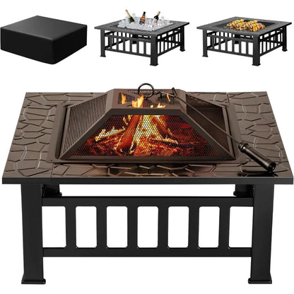 Outdoor Fire Pit, 32 Inch Metal Table w/ Waterproof Cover