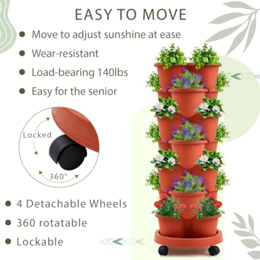 7 Tier Stackable Vertical Planters, Set of 2 w/ Removable Wheels and Clay Pots