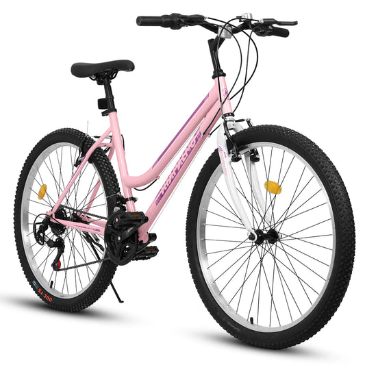 Women's 24 or 26 Inch Mountain Bike, 21 Speed Cycling Bike, V-Brake, High Carbon Steel Frame