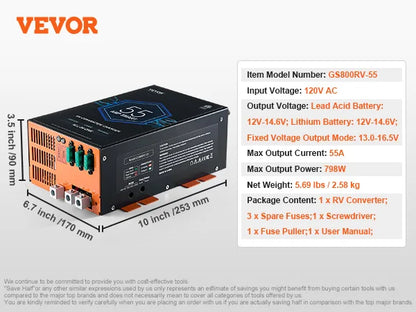 RV Converter, 45/55/80Amp, 110V AC to 12VDC Battery Charger, 4-Stage Smart Charging 13V to 16.5V