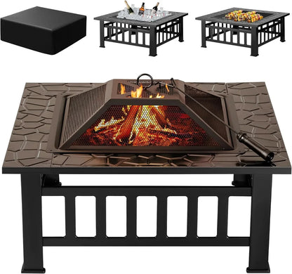 Outdoor Fire Pit, 32 Inch Metal Table w/ Waterproof Cover
