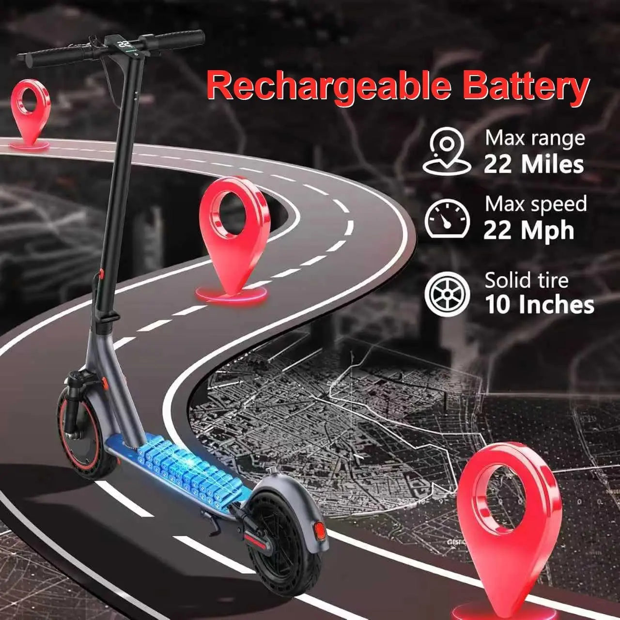 Electric Scooter, 48V 10.5Ah Battery, 22MPH Max Speed, 22Miles Max Range, 10”Honeycomb Tires, Foldable, Dual Braking & Suspension