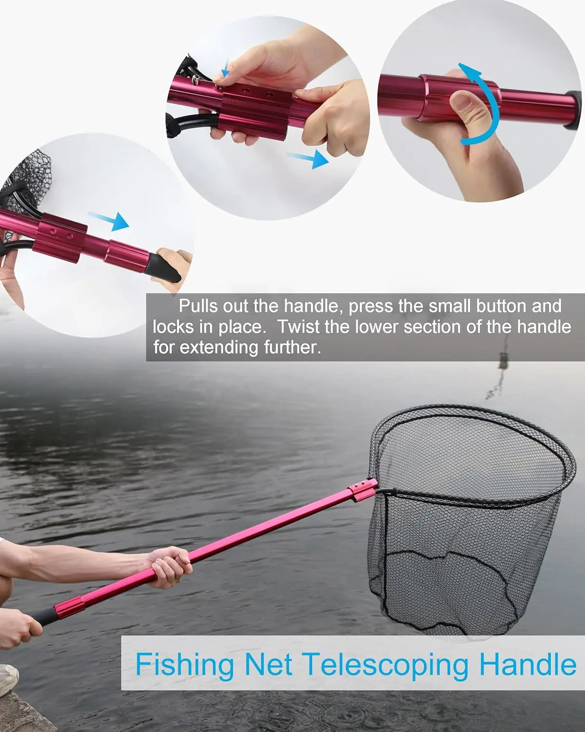 Large Rubber Fishing Net, Telescoping Handle, Extends to 94in, for Fresh or Saltwater