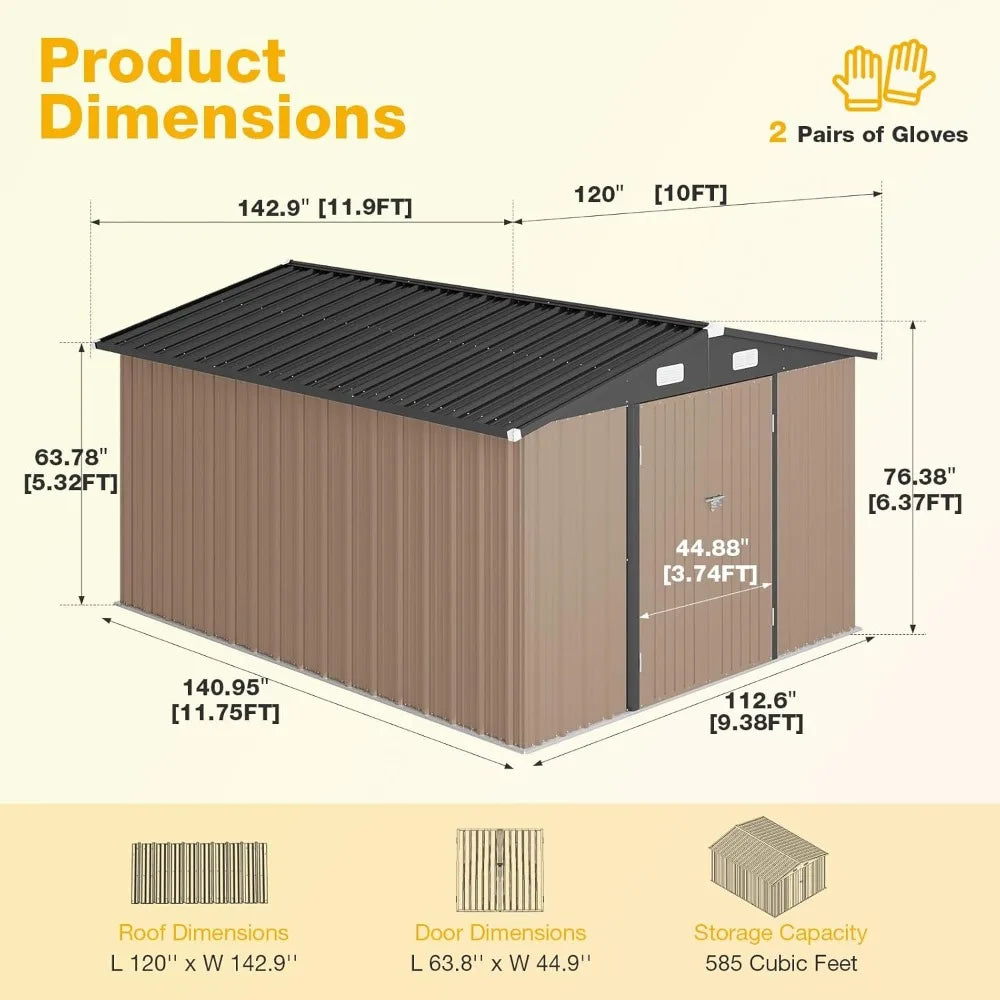 Outdoor Storage Shed 10x12 with Floor Foundation & Lockable Double Doors, Galvanized Steel Shed