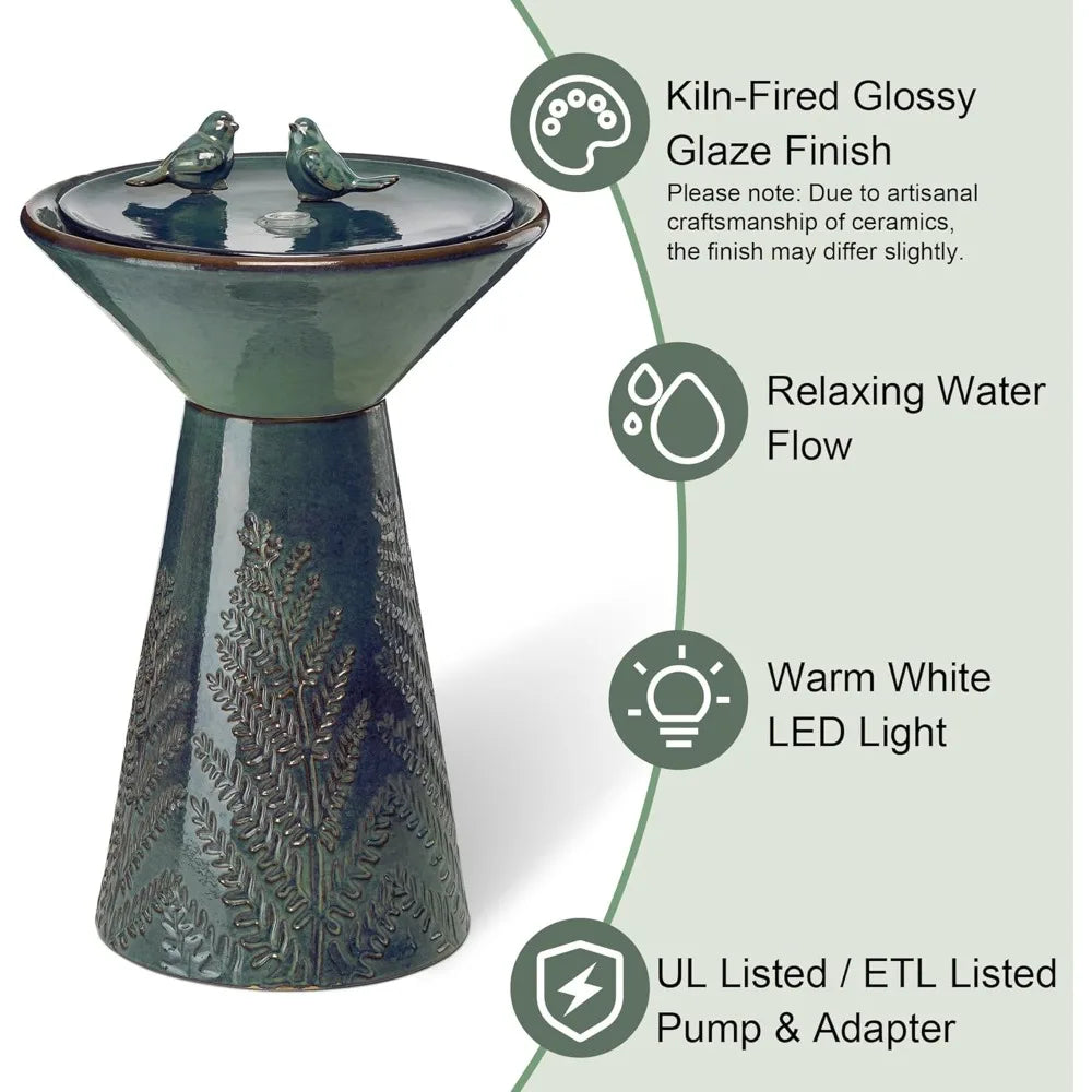Bird Bath, Water Fountain with LED Light and Pump, Turquoise Ceramic Pedestal