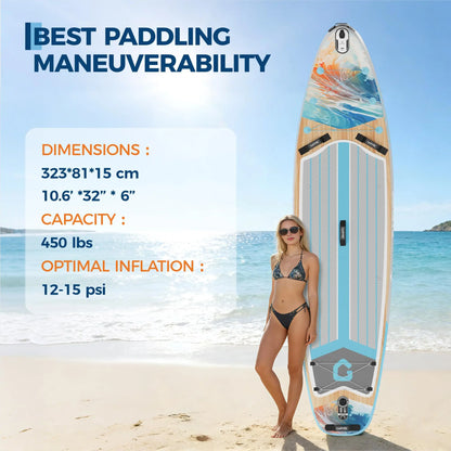 Inflatable Stand Up 10.6 Ft Paddle Board 450LBS Capacity, Wide w/ Camera Mount Non-Slip Deck, Backpack