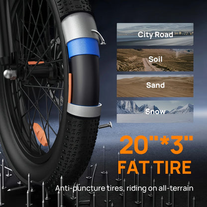 Electric Bike, 1000W, 48V 13Ah, Removable Battery, 20MPH, 20''X3" Fat Tire, 7-Speed, w/ Dual Disc Brake