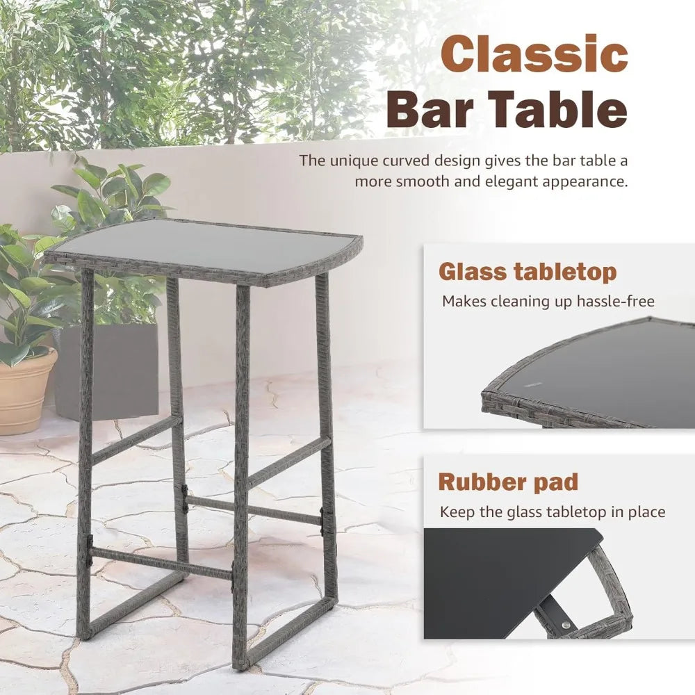 Outdoor Wicker Bar Stool Set w/ Glass Table, 2 Stools & Cushions, Grey Rattan, Steel Frame