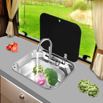 RV Sink w/ Lid, 41x36.5cm/16.14x14.37inch, Stainless Steel Sink w/ Hot Cold Water Faucet, Foldable