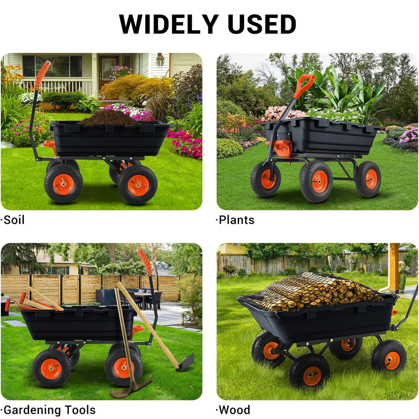 Heavy-Duty Utility Garden Wagon, 900 Lb Capacity, Poly Dump Cart, 10-Inch All-Terrain Wheels, Rotating Handle