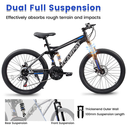Dual Full Suspension Mountain Bike, 24/26/27.5 Inch, Unisex, 21-Speed, Disc Bicycles