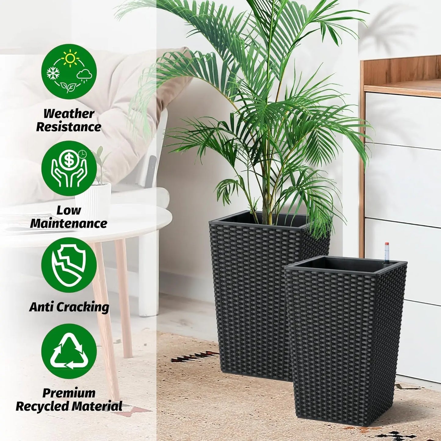 Outdoor Planters, 16" Tall Flowers Pots, Set of 2 w/ Tray, Wicker Design w/ Water Level Indicator, Indoor/Outdoor