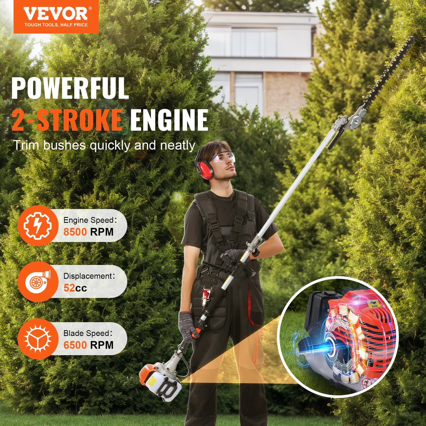 Multi-Functional Trimming Tools, Gas Hedge String Trimmer, Pole Saw, Chainsaw, Pruner w/ Extension Pole