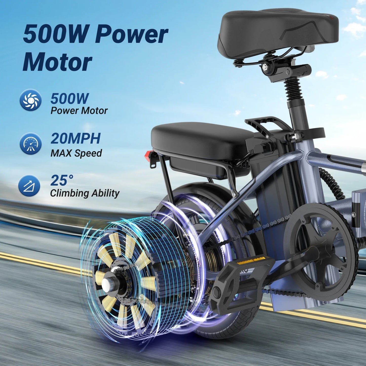 Electric Bike, 14'' Foldable, 500W 48V 10.4AH Battery, 22MPH Max Speed, 28Miles Range