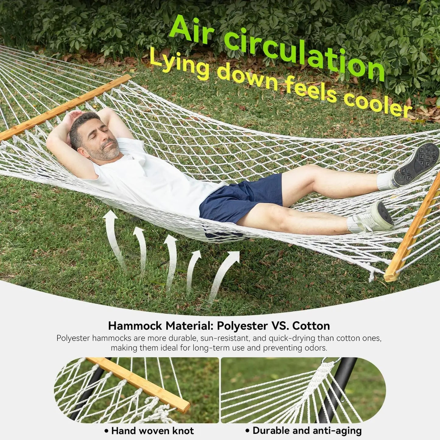 Double Hammock for Two, Handwoven Rope w/ Spreader Bar - Indoor Outdoor