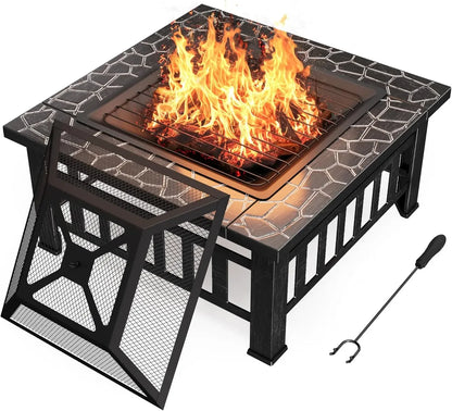 Outdoor Fire Pit, 32 Inch Metal Table w/ Waterproof Cover