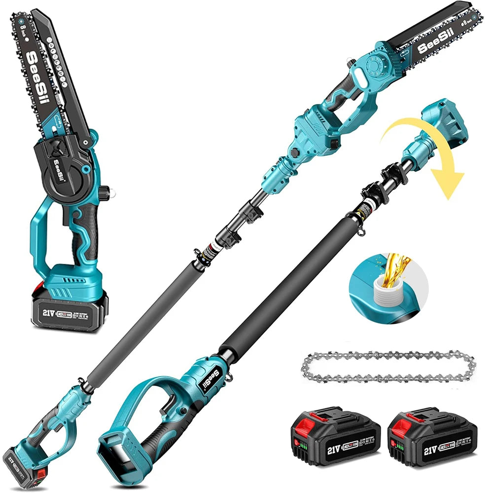High Branch Pole Saw, Cordless 8'' Electric Chainsaw w/ 3 M Extension Pole, Tree Trimming, Limb Cutter, Pruner