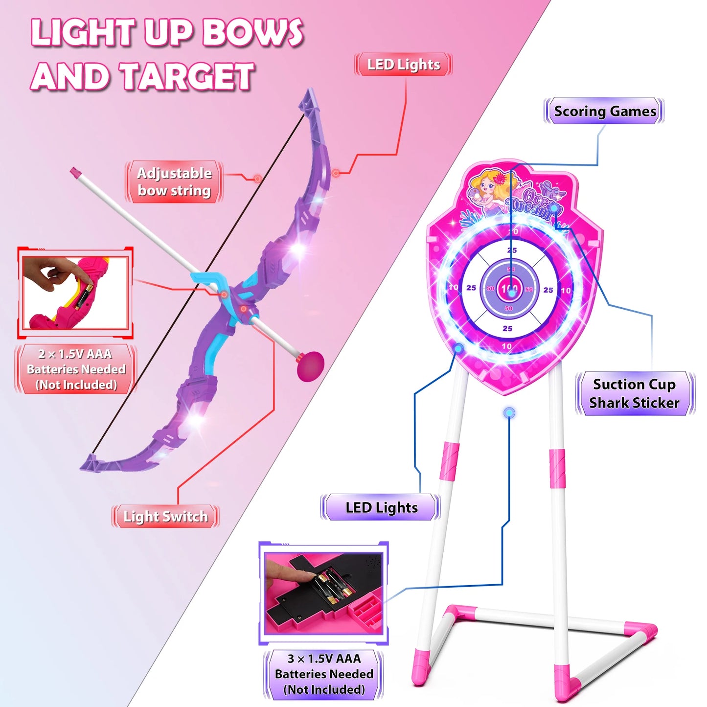 Night-Light Bow Arrow Guns for Girls,  Archery Stand Target Board for Kids