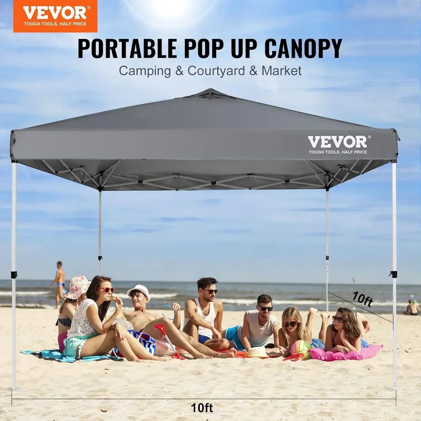 Pop Up Canopy Tent, 10 x10 ft, Waterproof, Silver Coated Tarp, w/ Portable Roller Bag and 4 Sandbags