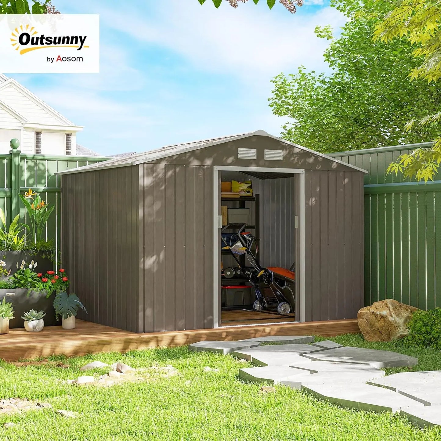 Metal Outdoor Storage 9x6 FT, Tool House Double Lockable Door, Air Vents Sloping Roof Backyard