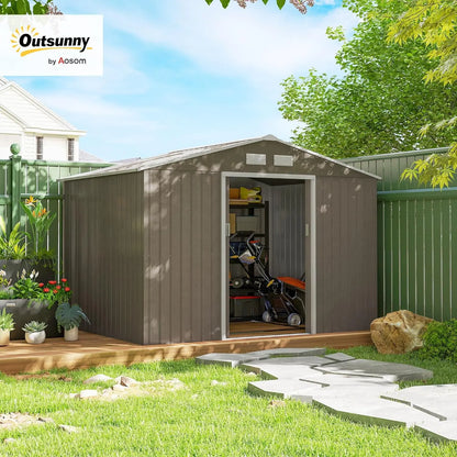 Metal Outdoor Storage 9x6 FT, Tool House Double Lockable Door, Air Vents Sloping Roof Backyard