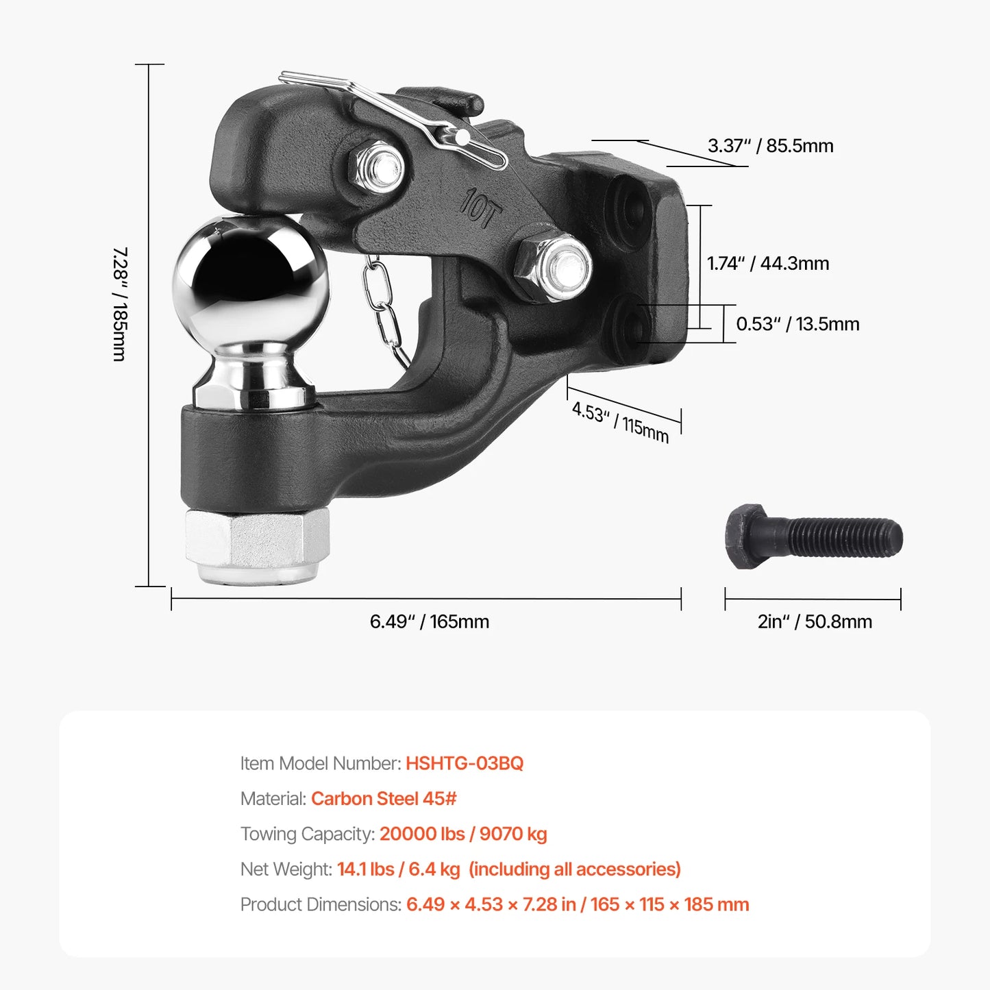 Pintle Hook Trailer Receiver Hooks Combination, 20,000/30,000Lbs, Fits 2.5-3in Lunette Ring