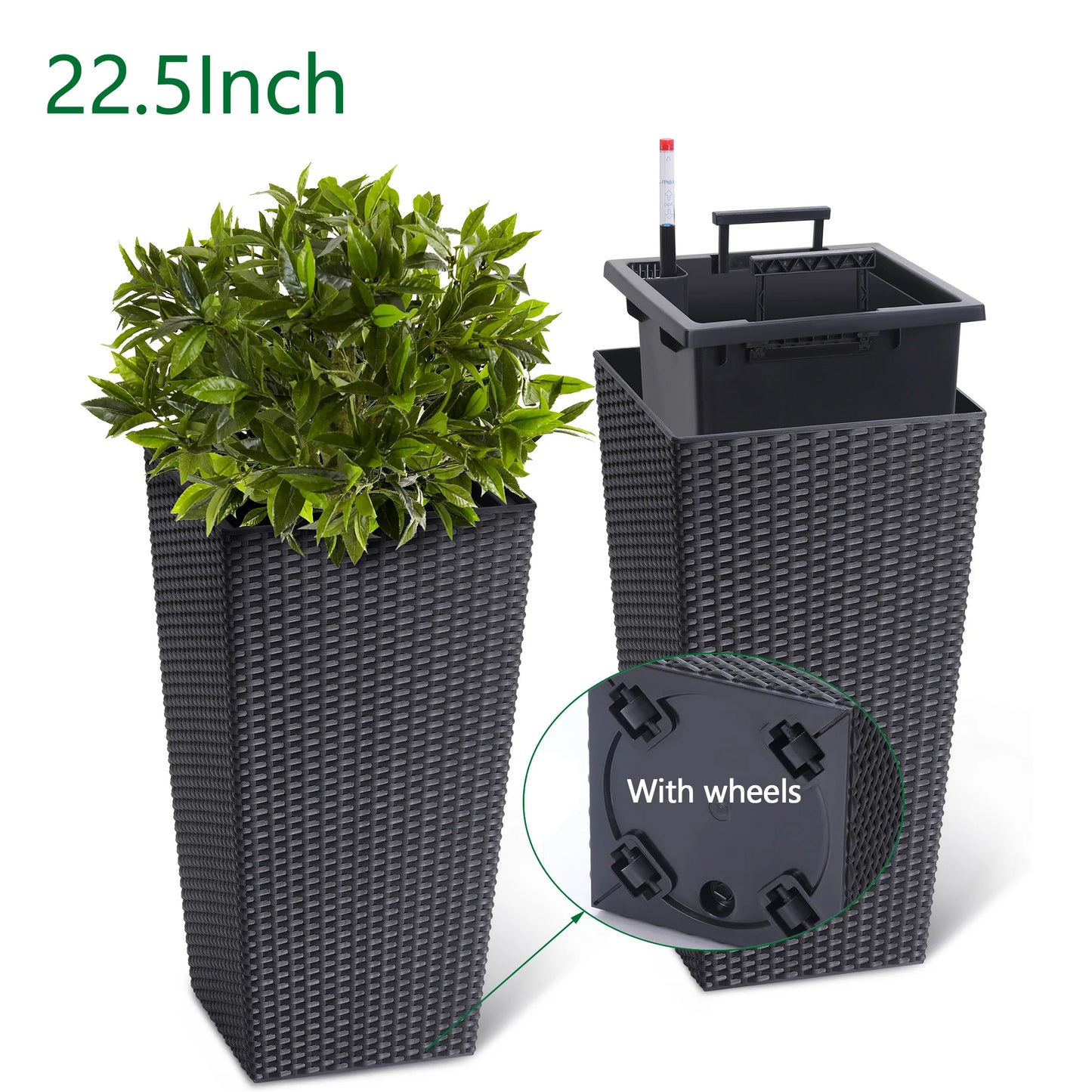 Outdoor Planters, 16" Tall Flowers Pots, Set of 2 w/ Tray, Wicker Design w/ Water Level Indicator, Indoor/Outdoor