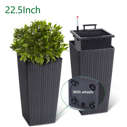 Outdoor Planters, 16" Tall Flowers Pots, Set of 2 w/ Tray, Wicker Design w/ Water Level Indicator, Indoor/Outdoor