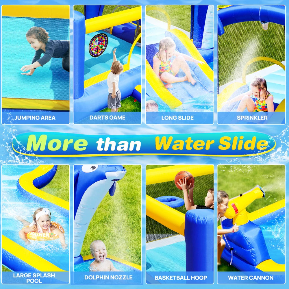 Inflatable Water Slide, Trampoline, Bounce House with  Dolphin Sprinkler