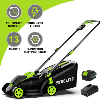 Electric Lawn Mower, Lightweight Cordless Mower, 13" Brushless w/ 21V 4.0Ah Battery and Charger