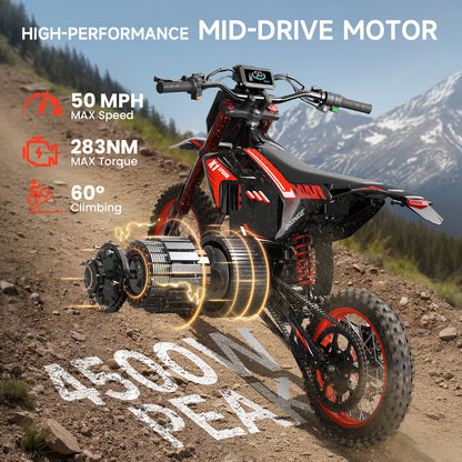 Spark Electric Dirt Bike, 4500W Peak, Up to 60 Miles, 50MPH, 60V, 28.8Ah, Battery E-Bike, 14/12" Fat Tire, eMotorcycle