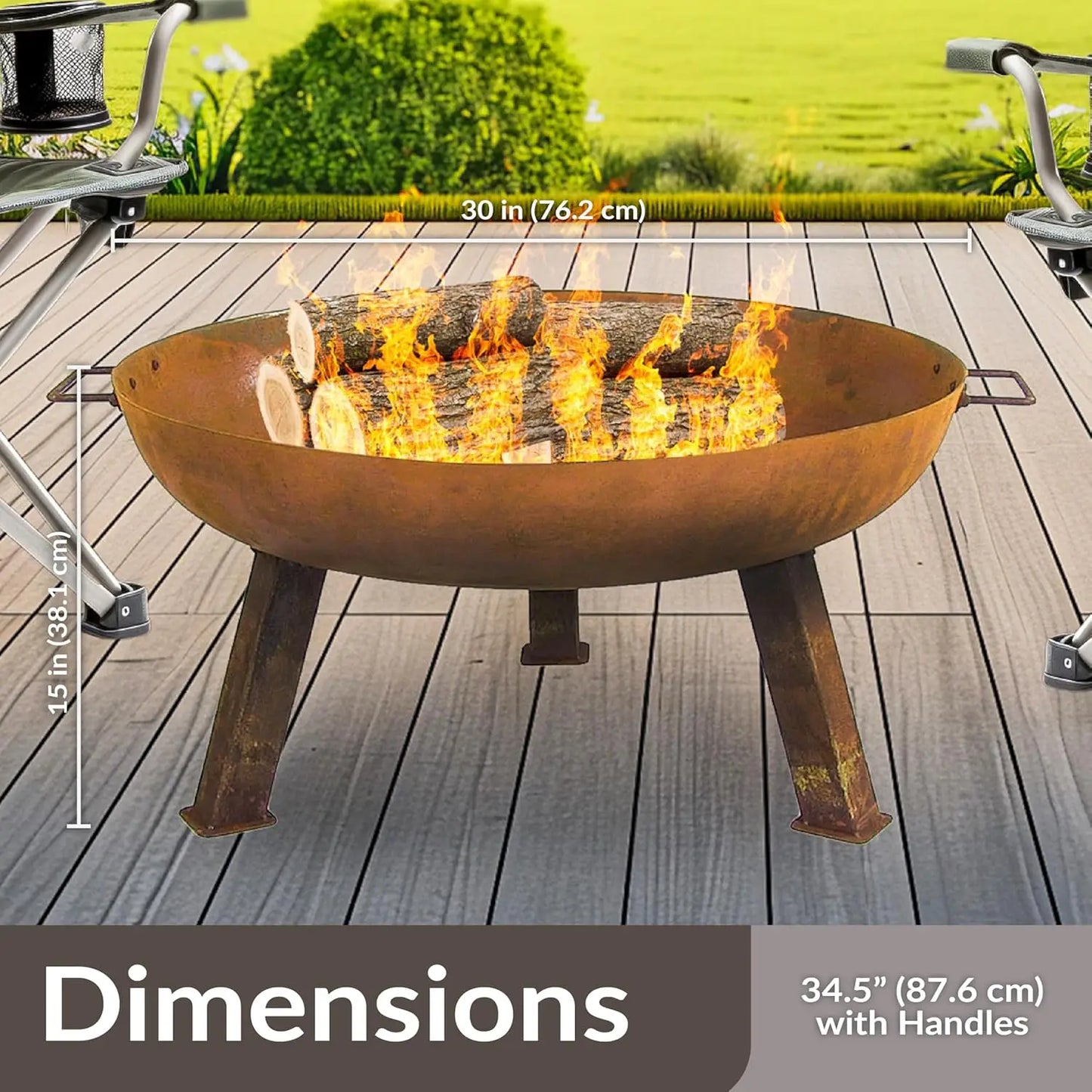 Cast Iron Heavy-Duty 30-Inch Fire Pit for - Wood-Burning Outdoor Bowl w/ Handles
