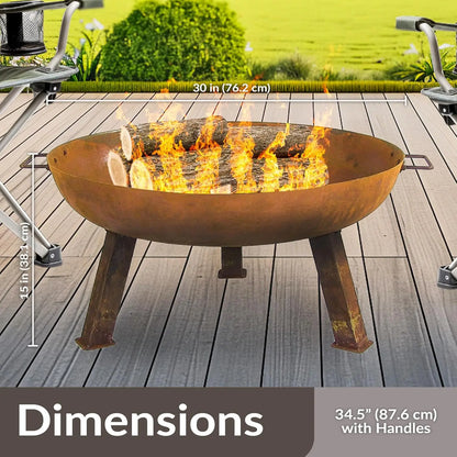 Cast Iron Heavy-Duty 30-Inch Fire Pit for - Wood-Burning Outdoor Bowl w/ Handles