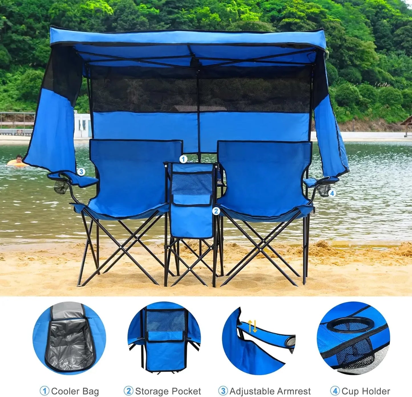 Double Beach or Camp Chair w/ Canopy Shade, Heavy Duty Chairs w/ Cup Holder, Folding