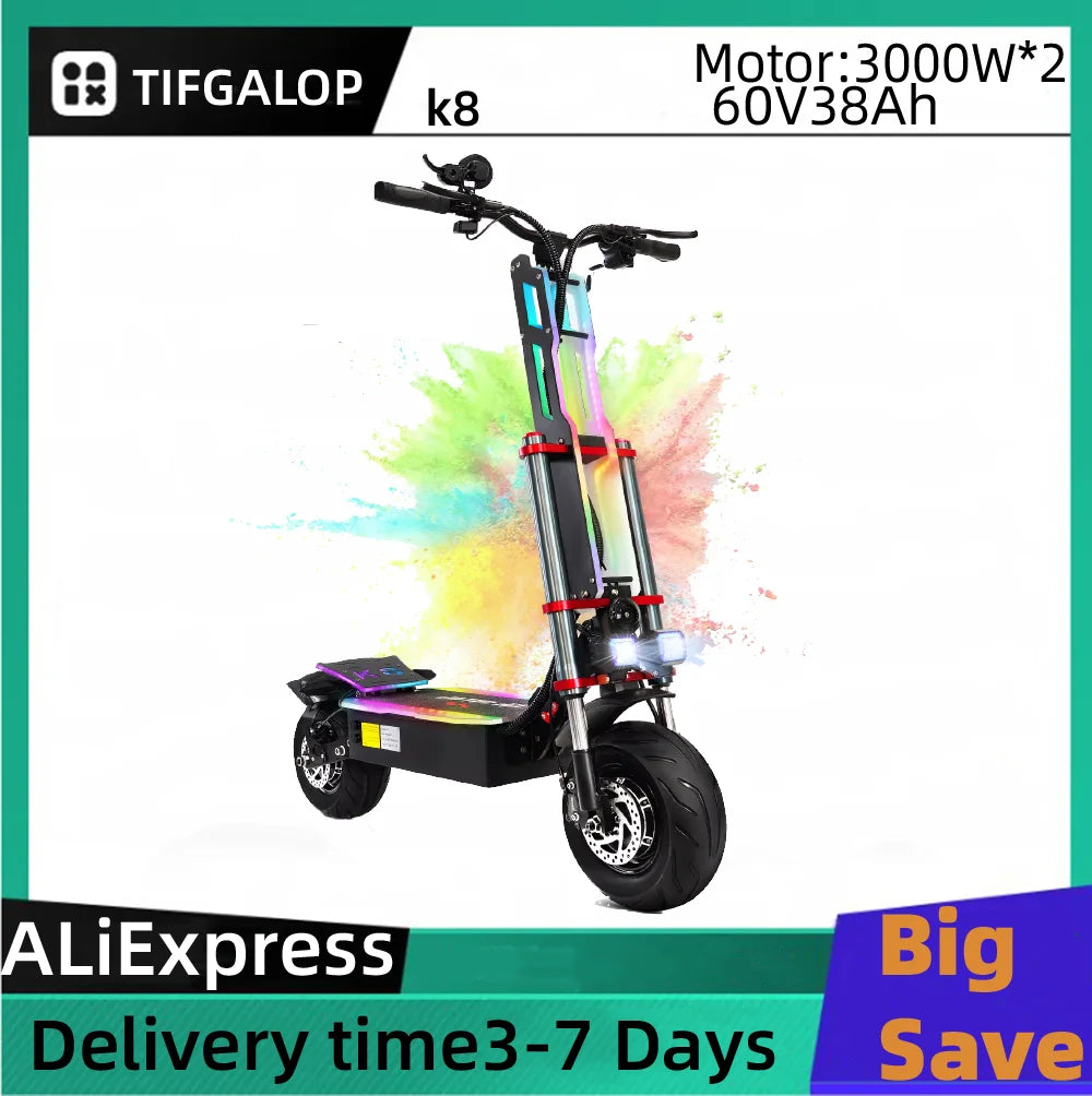 Electric Scooter, 12 Fat Tire, E-Mountain Scooter, Adult Foldable, 3000W*2 Motor, 60V38AH Battery