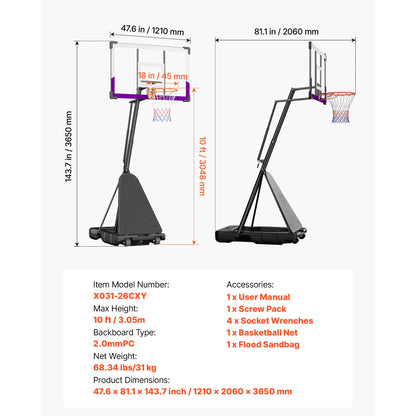 Basketball Stand, Height Adjustment, Hoop with 44 -54 inch Backboard