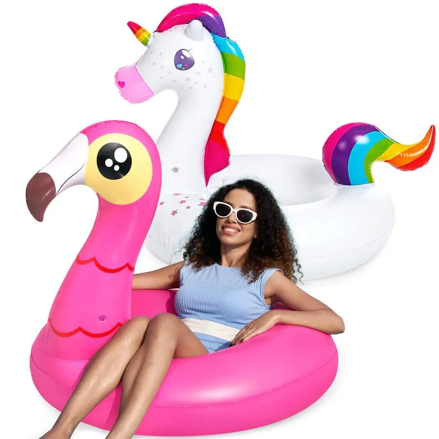 2Pack Flamingo and Unicorn Pool Floaties, Inflatable Pool Tubes