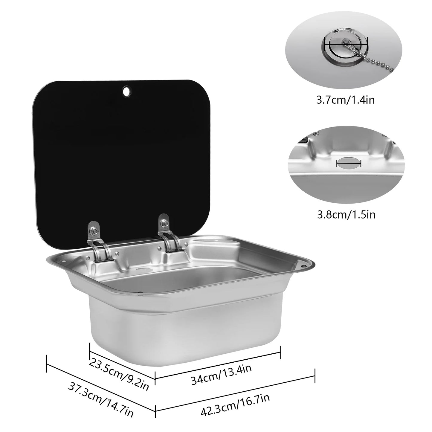 RV Sink w/ Lid, 41x36.5cm/16.14x14.37inch, Stainless Steel Sink w/ Hot Cold Water Faucet, Foldable