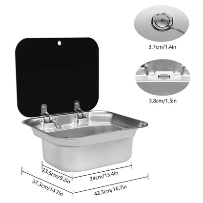 RV Sink w/ Lid, 41x36.5cm/16.14x14.37inch, Stainless Steel Sink w/ Hot Cold Water Faucet, Foldable