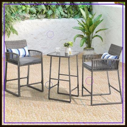Outdoor Wicker Bar Stool Set w/ Glass Table, 2 Stools & Cushions, Grey Rattan, Steel Frame