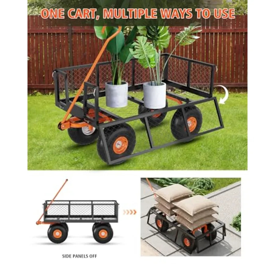 Garden Cart, Green Heavy Duty Steel w/ 500lbs Capacity, Mesh Design, Removable Sides, 10in Tires