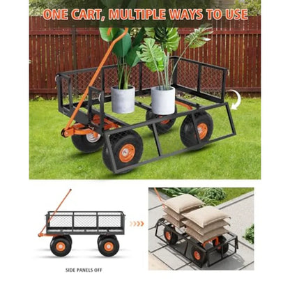 Garden Cart, Green Heavy Duty Steel w/ 500lbs Capacity, Mesh Design, Removable Sides, 10in Tires