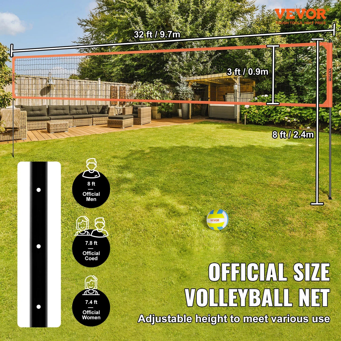 Volleyball Net, Portable, Adjustable Height, with Ball, Pump & Carrying Bag