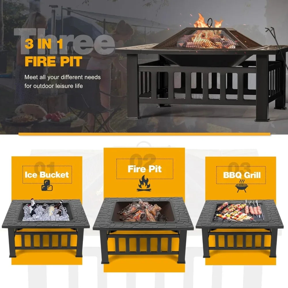 Outdoor Fire Pit, 32 Inch Metal Table w/ Waterproof Cover