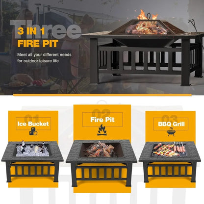 Outdoor Fire Pit, 32 Inch Metal Table w/ Waterproof Cover